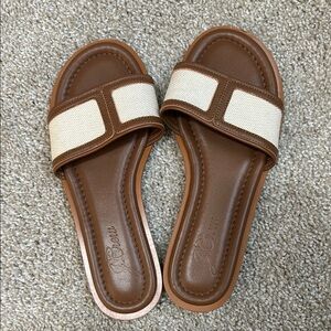 J. Crew Brown and Cream Women's Slide Sandals in Canvas and Leather
